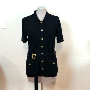 Cable & Gauge Short Sleeve Black Button up w/ Trim Belt Women Collar Shirt